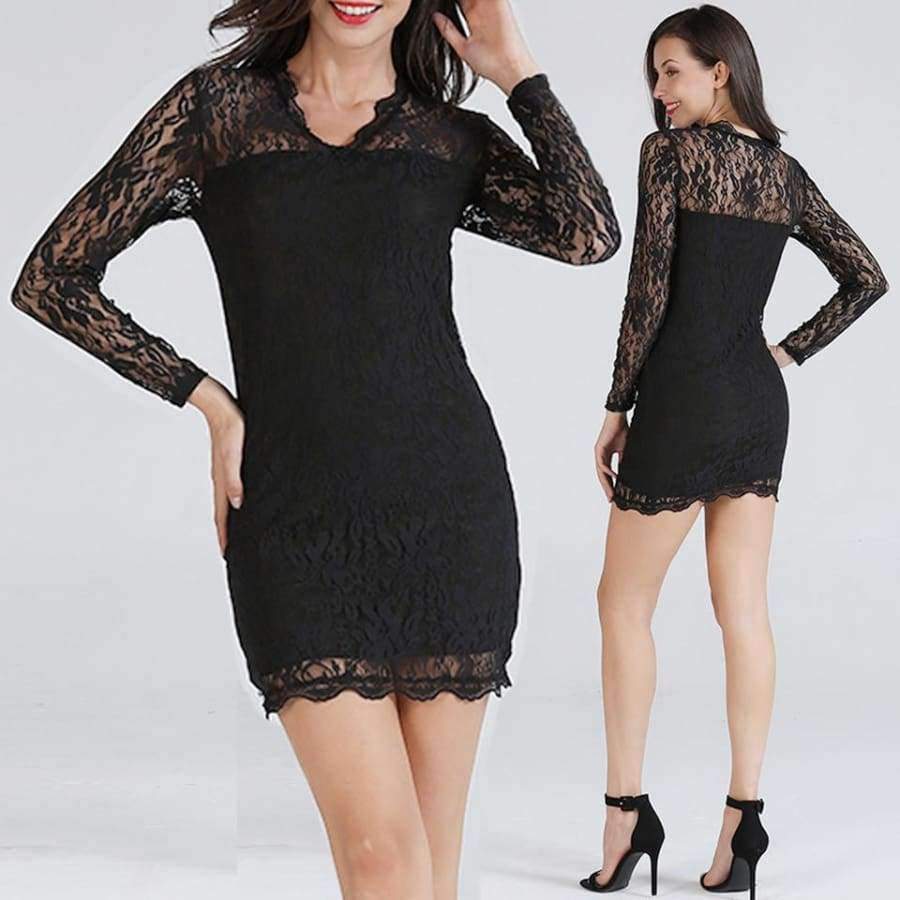 Planet Gates Black / S Women Sexy Bodycon Lace Dress 3/4 Sleeve V Neck Party Dresses Hollow Out Black Mini Dress Girl Dresses