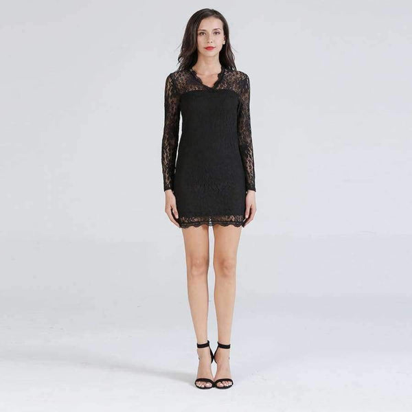 Planet Gates Black / S Women Sexy Bodycon Lace Dress 3/4 Sleeve V Neck Party Dresses Hollow Out Black Mini Dress Girl Dresses