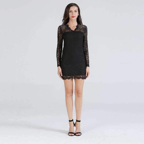 Planet Gates Black / S Women Sexy Bodycon Lace Dress 3/4 Sleeve V Neck Party Dresses Hollow Out Black Mini Dress Girl Dresses