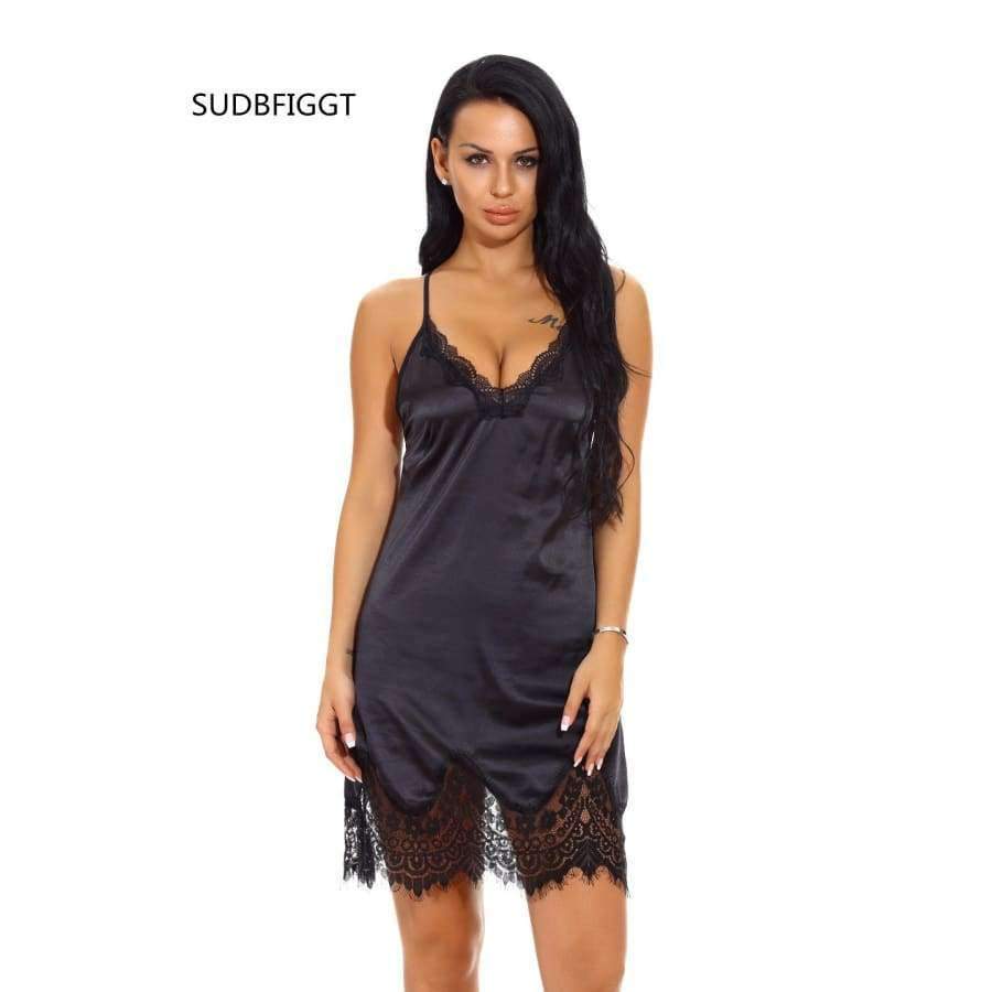 Planet Gates black / S Women Sexy Nightgown Lace Lingerie Sleepwear Deep V-Neck Home Dress femme intimates sexy