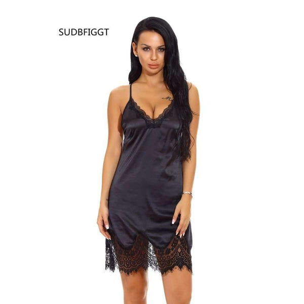 Planet Gates black / S Women Sexy Nightgown Lace Lingerie Sleepwear Deep V-Neck Home Dress femme intimates sexy