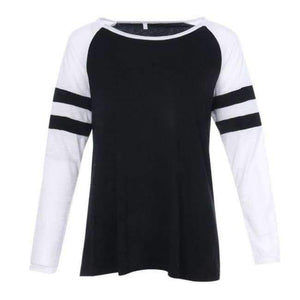 Planet Gates Black / S Women Striped Splicing Baseball Tshirt 2018 Spring Autumn O Neck Long Sleeve Top Tees All Matched T Shirt Plus Size 5XL
