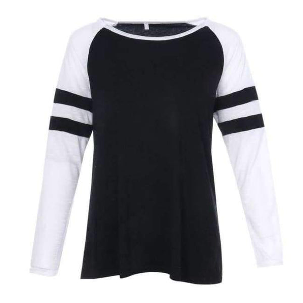 Planet Gates Black / S Women Striped Splicing Baseball Tshirt 2018 Spring Autumn O Neck Long Sleeve Top Tees All Matched T Shirt Plus Size 5XL
