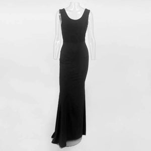 Planet Gates Black / S Women Summer Round Neck Solid Sleeveless Backless Sexy Package Hip Bow Tie Bodycon Flounce Fishtail Long Dress Party Dress