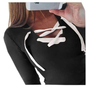 Planet Gates Black / S Women Tops Bandage T-Shirts Long Sleeve V-neck T Shirts Casual Sexy Ladies Tees Female camiseta feminina mujer GV371