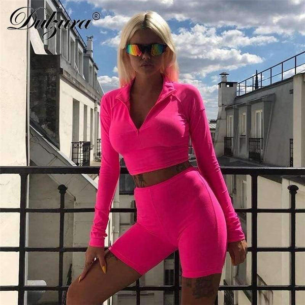 Planet Gates Black / S Zipper high neck long sleeve crop top tshirt high waist short leggings women sexy 2 piece set 2018 autumn winter