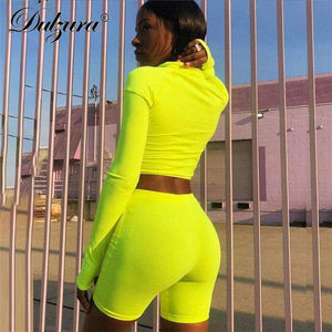 Planet Gates Black / S Zipper high neck long sleeve crop top tshirt high waist short leggings women sexy 2 piece set 2018 autumn winter