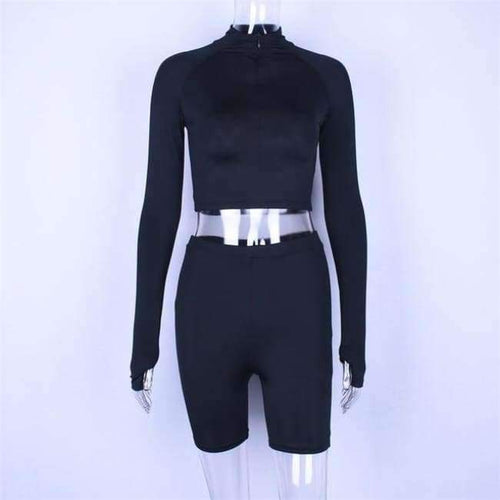 Planet Gates Black / S Zipper high neck long sleeve crop top tshirt high waist short leggings women sexy 2 piece set 2018 autumn winter