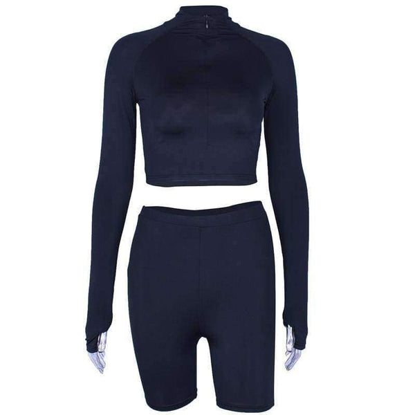 Planet Gates Black / S Zipper high neck long sleeve crop top tshirt high waist short leggings women sexy 2 piece set 2018 autumn winter