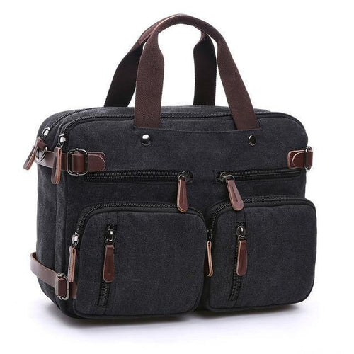Planet Gates Black Scione Men Canvas Bag Leather Briefcase Travel Suitcase Messenger Shoulder Tote Back Handbag Large Casual Business Laptop Pocket