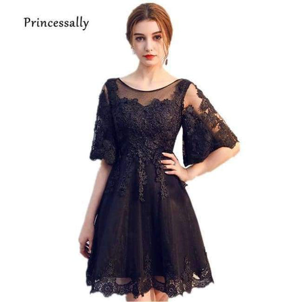Planet Gates black short / 6 New Black Cocktail Dresses Above Knee Lace Butterfly Half Sleeve Elegant cocktail Party Gown Vestidos De Novia
