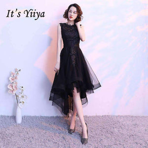 Planet Gates Black Sleeveless Cut-Out Lace Cocktail Dress High-Low Tea Length Formal Dress Party Gown MX014