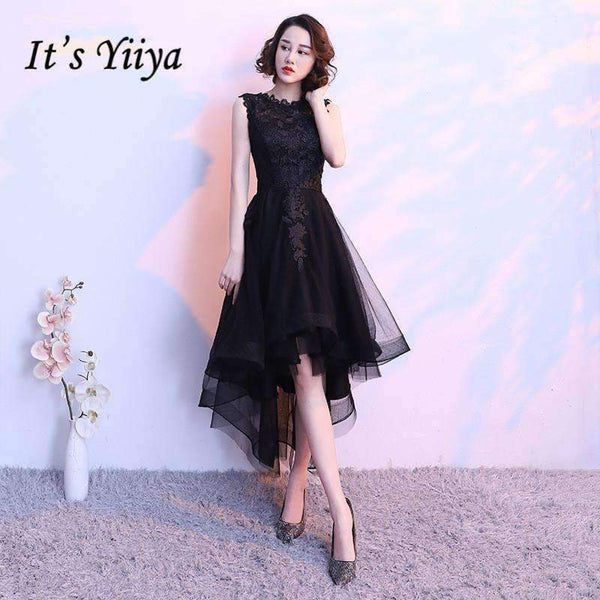 Planet Gates Black Sleeveless Cut-Out Lace Cocktail Dress High-Low Tea Length Formal Dress Party Gown MX014