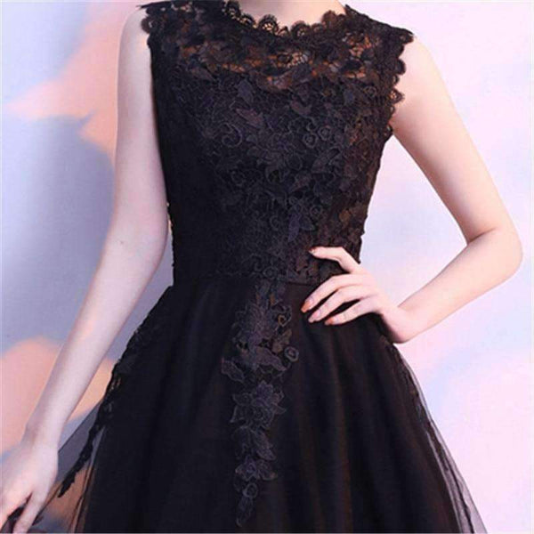 Planet Gates Black Sleeveless Cut-Out Lace Cocktail Dress High-Low Tea Length Formal Dress Party Gown MX014