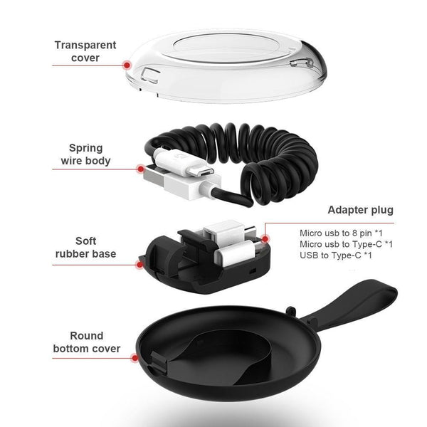 Planet Gates Black Spring Telescopic Data Cable Universal Mobile Phone Charging Adapter Spring Charging Cable For Apple Type-C Android usb