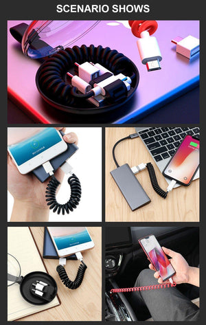 Planet Gates Black Spring Telescopic Data Cable Universal Mobile Phone Charging Adapter Spring Charging Cable For Apple Type-C Android usb