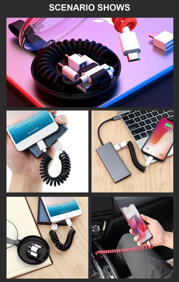 Planet Gates Black Spring Telescopic Data Cable Universal Mobile Phone Charging Adapter Spring Charging Cable For Apple Type-C Android usb