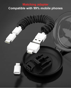 Planet Gates Black Spring Telescopic Data Cable Universal Mobile Phone Charging Adapter Spring Charging Cable For Apple Type-C Android usb