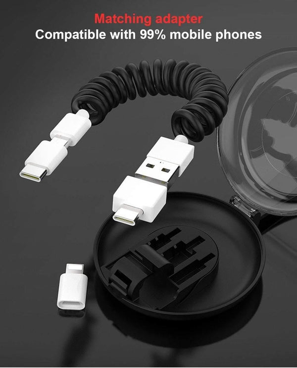 Planet Gates Black Spring Telescopic Data Cable Universal Mobile Phone Charging Adapter Spring Charging Cable For Apple Type-C Android usb