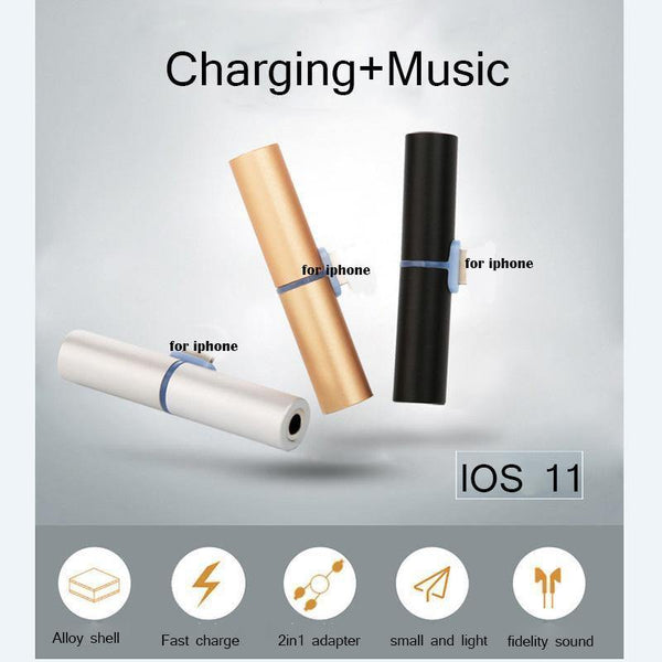 Planet Gates Black T type dual adapter to 3.5mm Jack Earphones Headphone Aux Audio Adapter Converter for Apple iPhone 8 / 7 / 7 Plus IOS 11