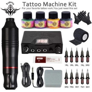 Planet Gates Black Tattoo Set Professional Tattoo Machine Set Rotary Gun Tattoo Pen Cartridges Needles Sets Permanent Makeup Machine Body Art Tattoo Supplies