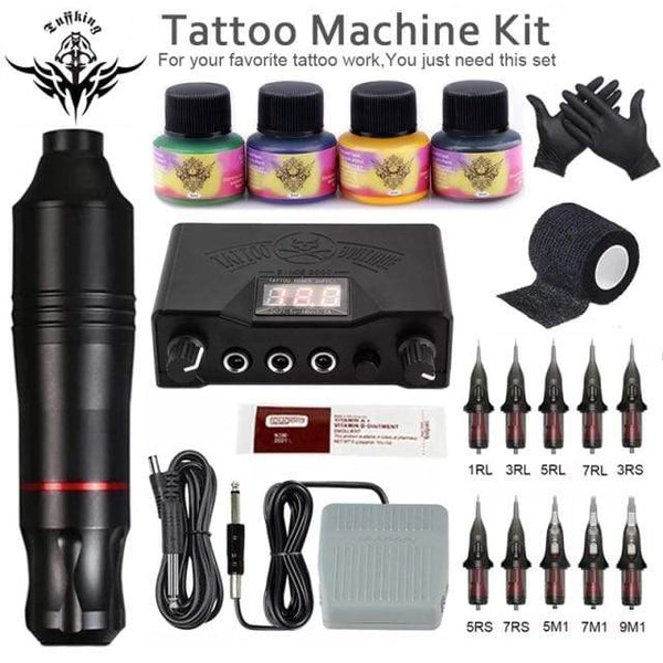 Planet Gates Black Tattoo Set Professional Tattoo Machine Set Rotary Gun Tattoo Pen Cartridges Needles Sets Permanent Makeup Machine Body Art Tattoo Supplies
