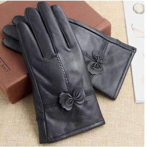 Planet Gates black thick Leather sheepskin gloves quality genuine leather bow women's gloves thickening thin