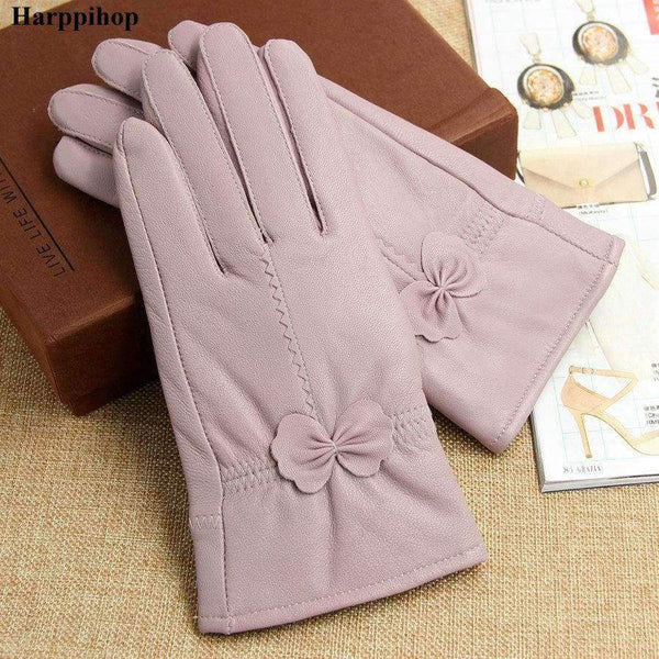 Planet Gates black thick Leather sheepskin gloves quality genuine leather bow women's gloves thickening thin