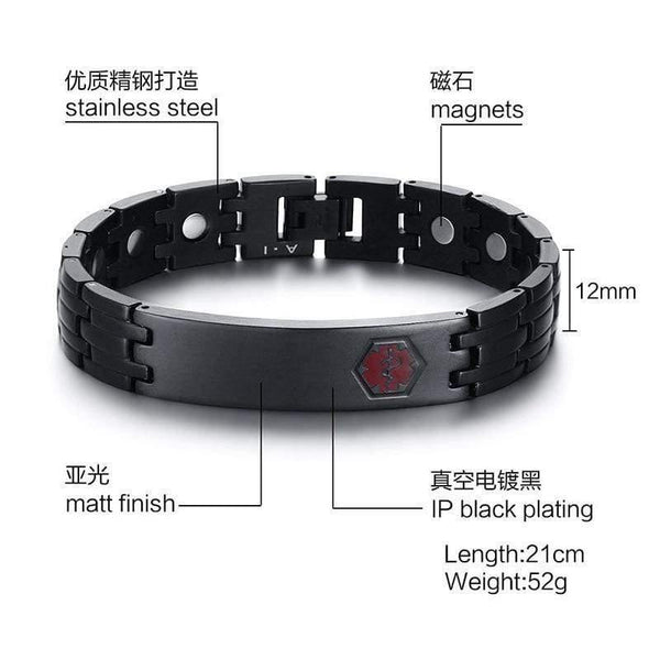 Planet Gates Black Titanium Steel Medical Alert ID Magnet Germanium Health Bracelets Custom Name Logo Bracelet for Men Casual Trendy Jewelry