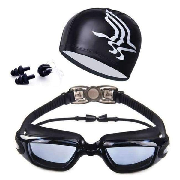 Planet Gates Black Transparent Swim Glasses Kit Coated Lens Anti Fog Swim Goggles Case Nose Clip Ear Plugs Men Women badmuts Swimming Caps Set