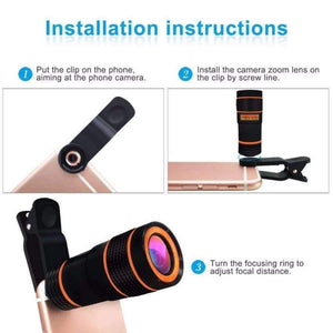 Planet Gates black Tripod with Cell Phone Telescope Telephoto Camera Lens 8X Zoom Manual Focus Clip-on Camera Lens for iPhone Samsung