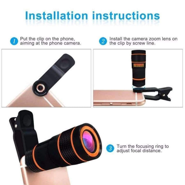 Planet Gates black Tripod with Cell Phone Telescope Telephoto Camera Lens 8X Zoom Manual Focus Clip-on Camera Lens for iPhone Samsung