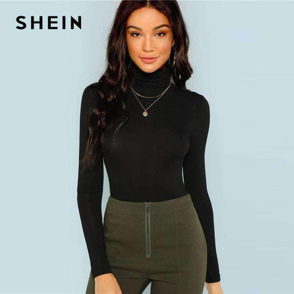 Planet Gates Black Turtleneck Slim Fit T-shirt Workwear Office Ladies Plain High Neck Long Sleeve Tee Women Autumn Minimalist Tee