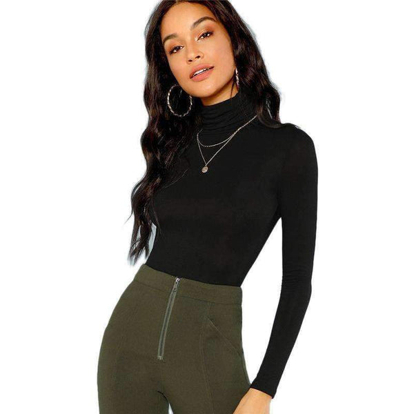 Planet Gates Black Turtleneck Slim Fit T-shirt Workwear Office Ladies Plain High Neck Long Sleeve Tee Women Autumn Minimalist Tee