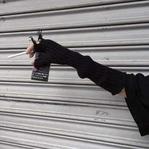 Planet Gates Black Unisex Fingerless Cuff Knit Gloves Women Men Elbow Length Mittens Broken Cool Stretch Arm Warmer Black Gray Beige