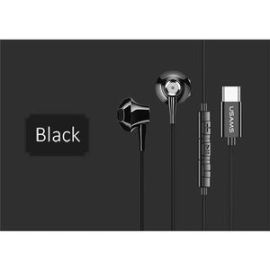 Planet Gates Black USAMS Metal Type C in-ear Earphone high quality Hifi Stereo headset Microphone Wired inear earphone type c for Samsung Huawei LG