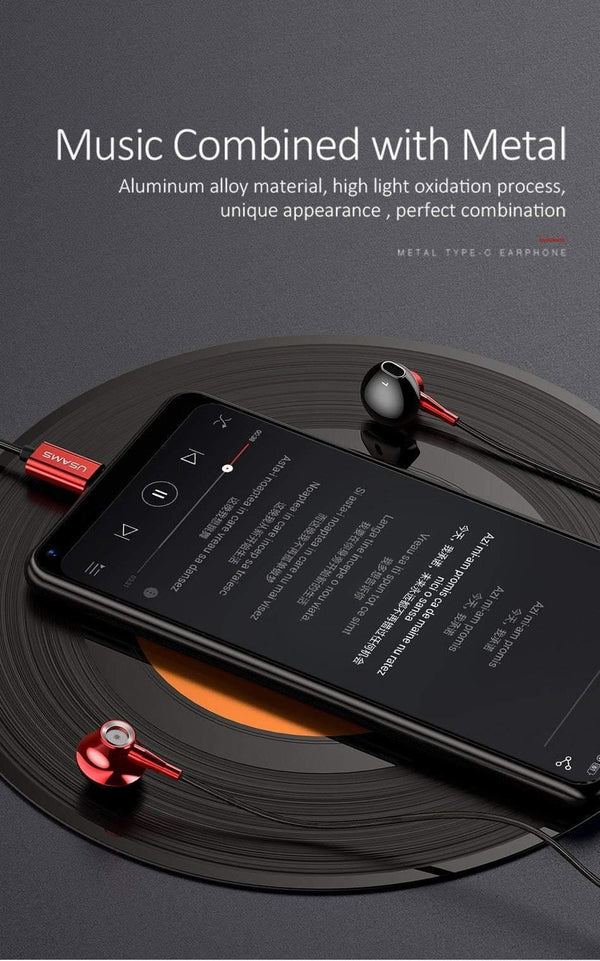 Planet Gates Black USAMS Metal Type C in-ear Earphone high quality Hifi Stereo headset Microphone Wired inear earphone type c for Samsung Huawei LG