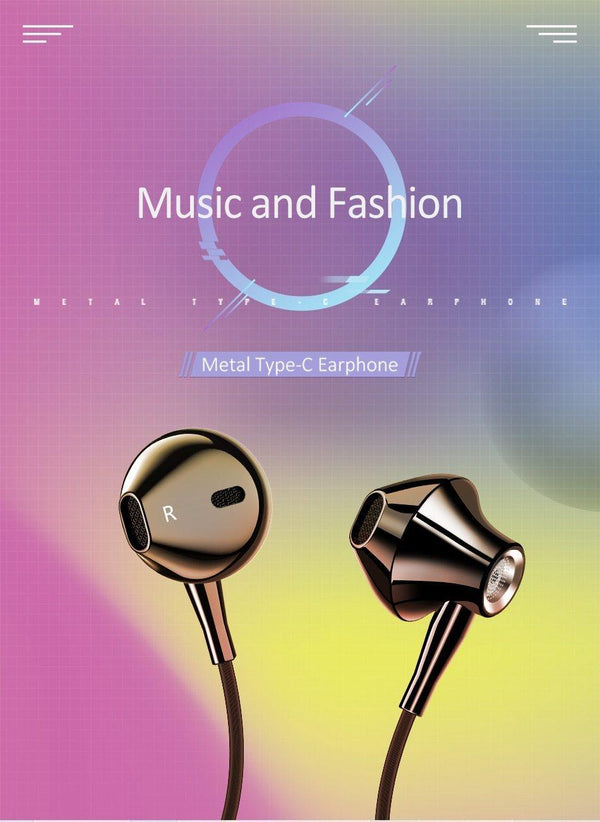 Planet Gates Black USAMS Metal Type C in-ear Earphone high quality Hifi Stereo headset Microphone Wired inear earphone type c for Samsung Huawei LG