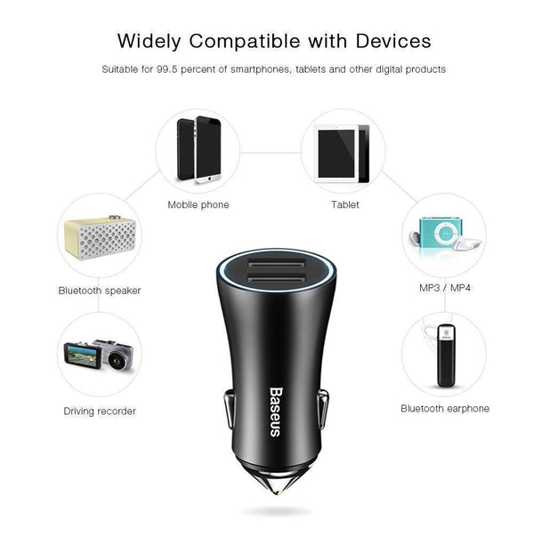 Planet Gates Black USB Car Charger for iPhone Samsung Xiaomi 2.4A Dual USB Fast Charge Adapter Mini Metal USB Car-Charger for Mobile Phone