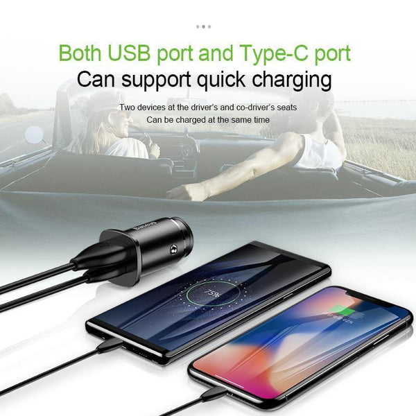 Planet Gates Black USB Type C Baseus 30W Dual USB C PD Quick Charge QC 4.0 Car Charger For Mobile Phone Charger Fast USB PD Type C AFC SCP Car Phone Charger