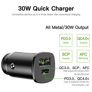 Planet Gates Black USB Type C Baseus 30W Dual USB C PD Quick Charge QC 4.0 Car Charger For Mobile Phone Charger Fast USB PD Type C AFC SCP Car Phone Charger