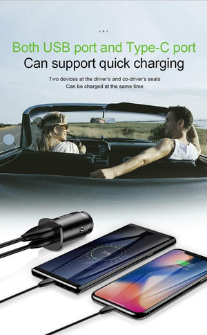 Planet Gates Black USB Type C Baseus 30W Dual USB C PD Quick Charge QC 4.0 Car Charger For Mobile Phone Charger Fast USB PD Type C AFC SCP Car Phone Charger