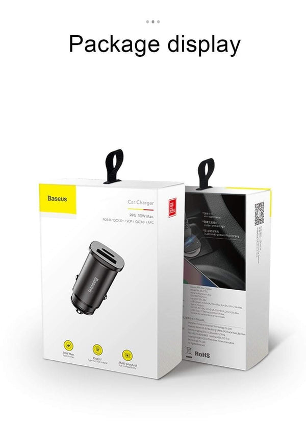 Planet Gates Black USB Type C Baseus 30W Dual USB C PD Quick Charge QC 4.0 Car Charger For Mobile Phone Charger Fast USB PD Type C AFC SCP Car Phone Charger