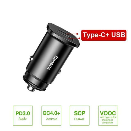 Planet Gates Black USB Type C Baseus 30W Dual USB C PD Quick Charge QC 4.0 Car Charger For Mobile Phone Charger Fast USB PD Type C AFC SCP Car Phone Charger