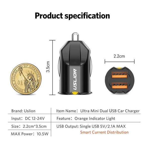 Planet Gates Black USLION 2.1A Mini USB Car Charger Adapter Car Charger Mobile Phone Dual USB Car-charger Auto Charge 2 port for iPhone Samsung