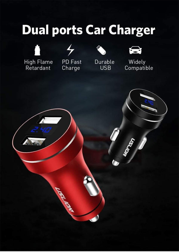 Planet Gates Black USLION 2.4A Dual USB Car Charger For Mobile Phone Tablet GPS LED Display Charger USB Car Phone Charger Adapter in Car Charge