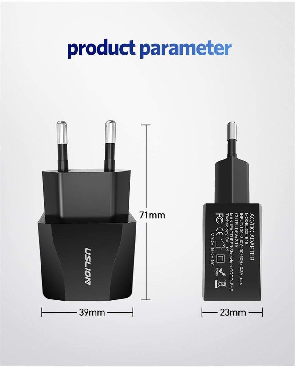 Planet Gates Black USLION Dual USB Charger Mobile Phone EU Charger Plug Adapter Wall charger cable for iPhone iPad Samsung Xiaomi 2A Fast Charging
