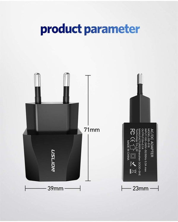 Planet Gates Black USLION Dual USB Charger Mobile Phone EU Charger Plug Adapter Wall charger cable for iPhone iPad Samsung Xiaomi 2A Fast Charging