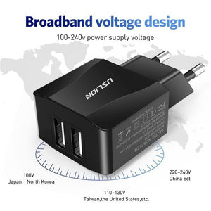 Planet Gates Black USLION Dual USB Charger Mobile Phone EU Charger Plug Adapter Wall charger cable for iPhone iPad Samsung Xiaomi 2A Fast Charging