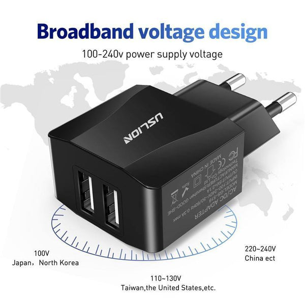 Planet Gates Black USLION Dual USB Charger Mobile Phone EU Charger Plug Adapter Wall charger cable for iPhone iPad Samsung Xiaomi 2A Fast Charging